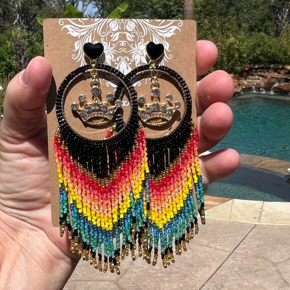 Handmade Beaded Queen Long Fringe Dangle Drop Lightweight Post Hoop Earrings - Picture 3 of 9